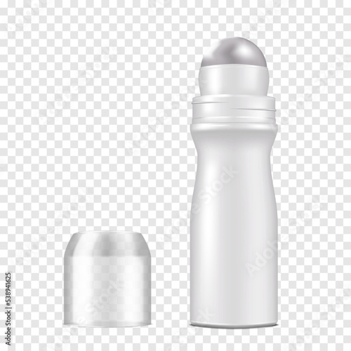 Body deodorant roll-on white blank plastic bottle with open clear screw cap vector mockup. Realistic mock-up. Template for design