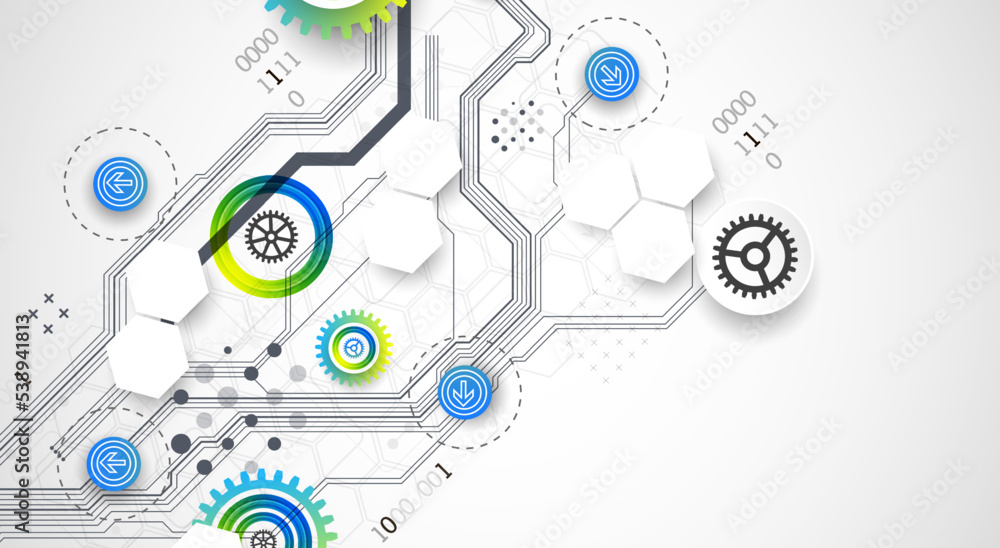 Abstract technology cogwheel concept. Circuit board, high computer color background. Vector illustration with space for content, web - template, business tech presentation.