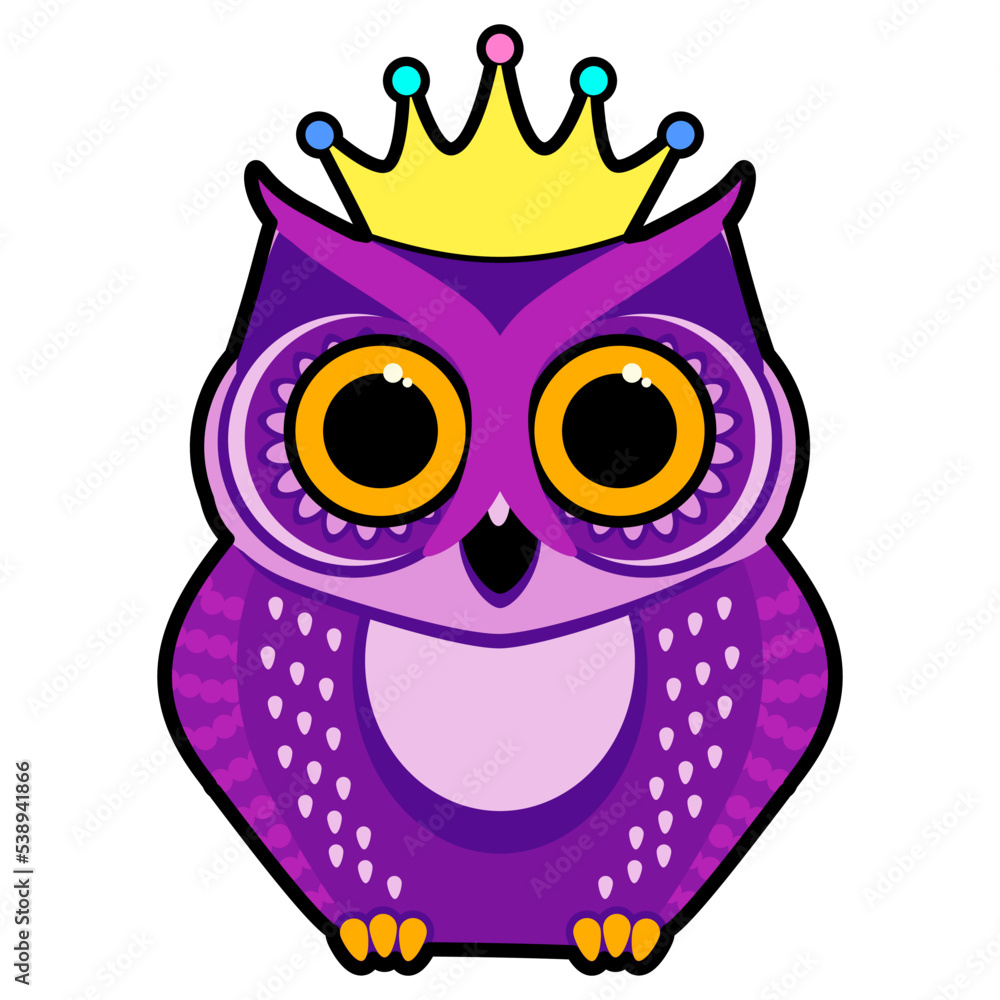 Cute owl in a crown. Cartoon vector illustration. Humorous congratulatory Halloween concept.