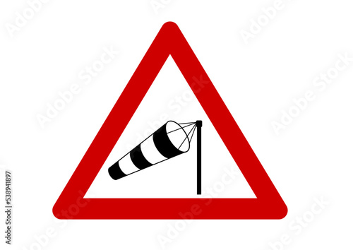Crosswind road sign - windsock in red triangle vector illustration.