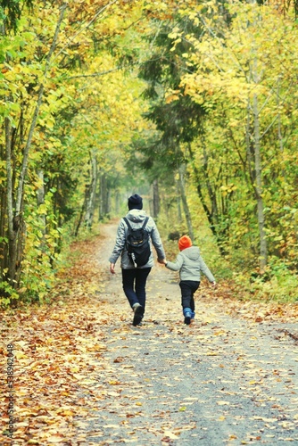 A couple of a woman and a child walking in the park autumn fall road © allaos