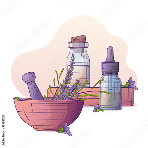 Vector illustration of bottle of essential oil, mortar and pestle, lavender flower. Glass bottle with dropper. Lavandula essential oil. Cosmetic, perfumery and medicinal plant.