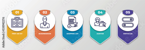 infographic template with outline icons. thin line icons such as first aid kit, bussinessman, shopping list, auditor, switch on editable vector. can be used for web, mobile, info graph.