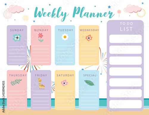 pastel cute planner with firework,beach.Can use for printable,scrapbook,diary