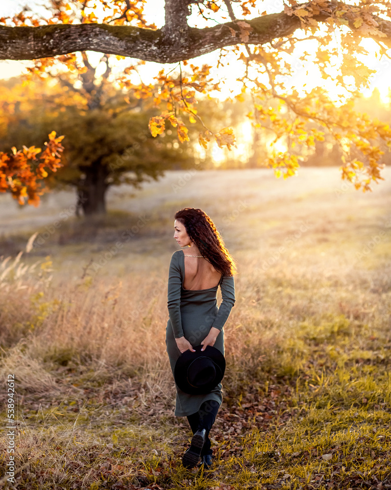 girl in a dress with an open back against the background of an autumn sunny landscape girl in a dress with an open back against the background of an autumn sunny landscape