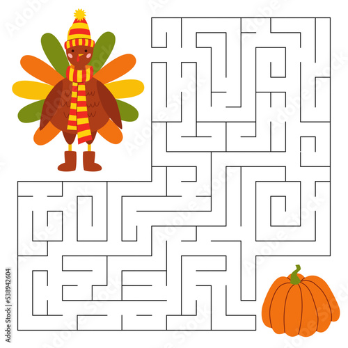 Maze game for kids. Cute pilgrim turkey looking for a way to the pumpkin. Bird animal character in a hat, a scarf and ugg. Printable worksheet.