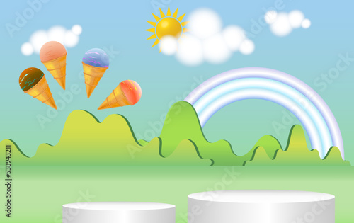 Colorful children's background in pastel colors. Podium, an empty space for your design. 3d image.

