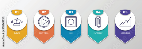 infographic template with outline icons. thin line icons such as clown, play video, rec, paper clip, ascending editable vector. can be used for web, mobile, info graph.