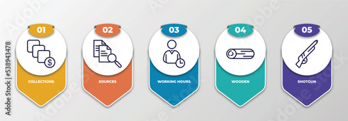 infographic template with outline icons. thin line icons such as collections, sources, working hours, wooden, shotgun editable vector. can be used for web, mobile, info graph.