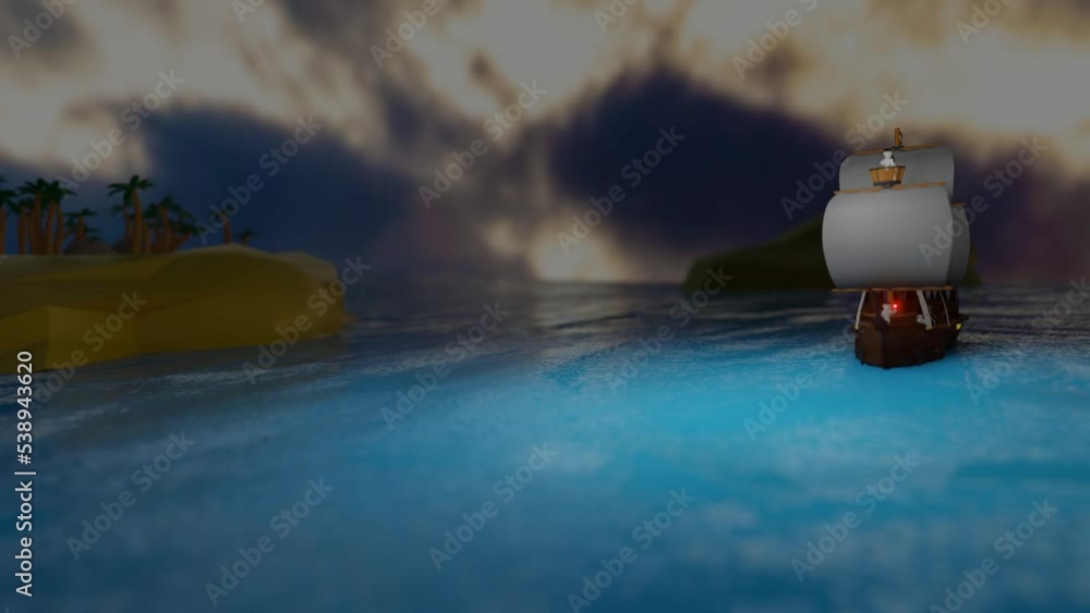 sailing ship with skeletons pirates sails in the ocean. stylization. 3d ...