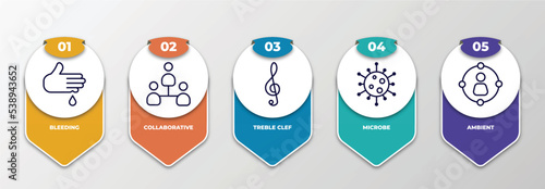 infographic template with outline icons. thin line icons such as bleeding, collaborative, treble clef, microbe, ambient editable vector. can be used for web, mobile, info graph.
