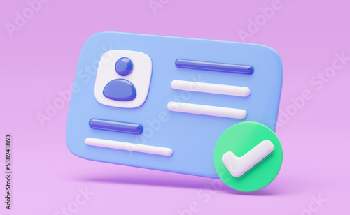 3d Id card icon. Identification card with check mark isolated on purple background. Approve identity verification card. human resources, plastic driver license, verify identity concept. 3d rendering.