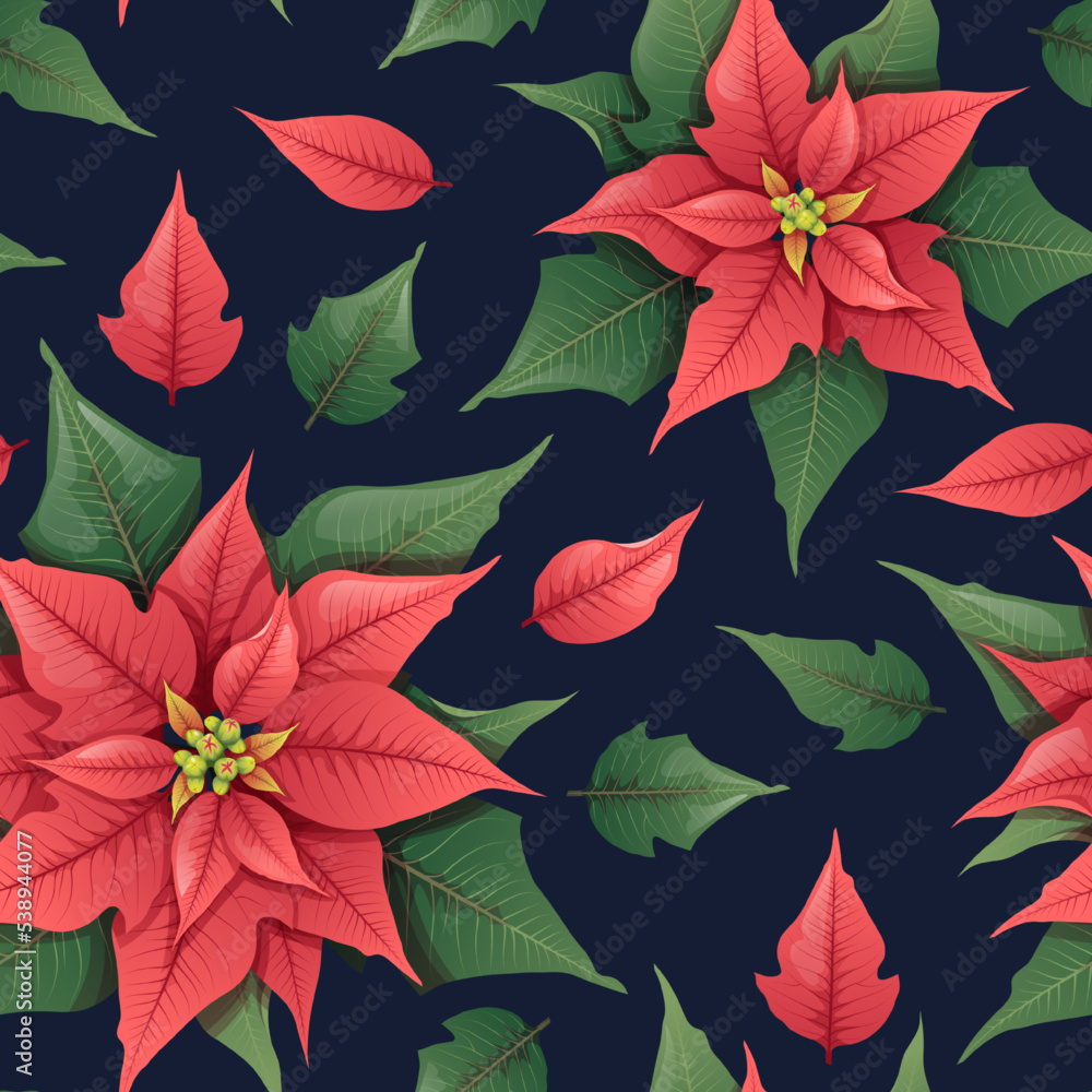 Seamless vector pattern with Christmas flower - red poinsettia on a dark background. Suitable for wrapping paper, wallpapers, decor, Christmas decorations