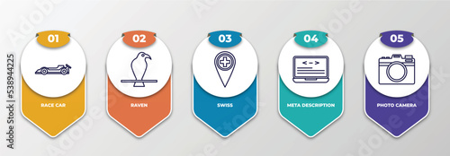 infographic template with outline icons. thin line icons such as race car, raven, swiss, meta description, photo camera editable vector. can be used for web, mobile, info graph.