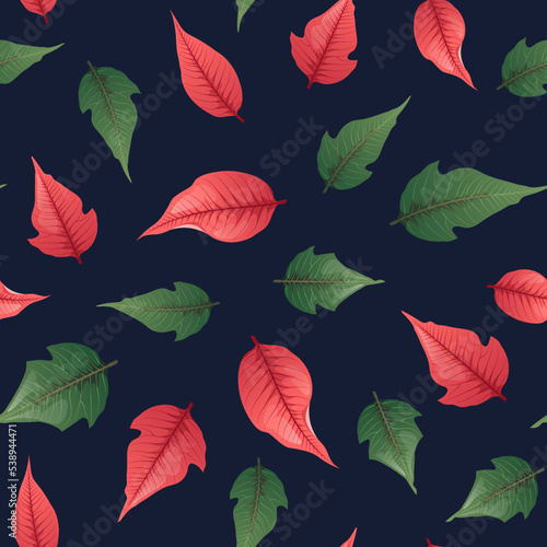 Seamless pattern with red poinsettia leaves on a dark background. Suitable for wrapping paper  wallpapers  decor  Christmas decorations