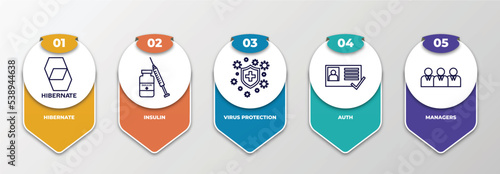 infographic template with outline icons. thin line icons such as hibernate, insulin, virus protection, auth, managers editable vector. can be used for web, mobile, info graph.