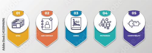 infographic template with outline icons. thin line icons such as sites, add contact, aebra, pictogram, compatibility editable vector. can be used for web, mobile, info graph.