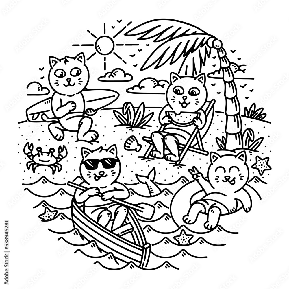 cute cat doing activities on the beach line illustration cute cat doing activities on the beach line illustration