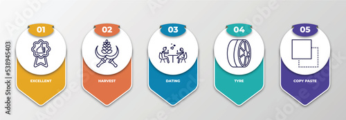 infographic template with outline icons. thin line icons such as excellent, harvest, dating, tyre, copy paste editable vector. can be used for web, mobile, info graph.