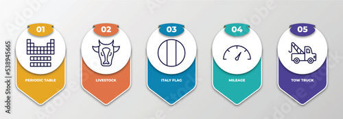 infographic template with outline icons. thin line icons such as periodic table, livestock, italy flag, mileage, tow truck editable vector. can be used for web, mobile, info graph.