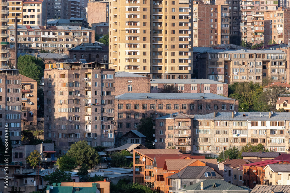 View of residential buildings on sunny summer evening. Yerevan, Armenia.