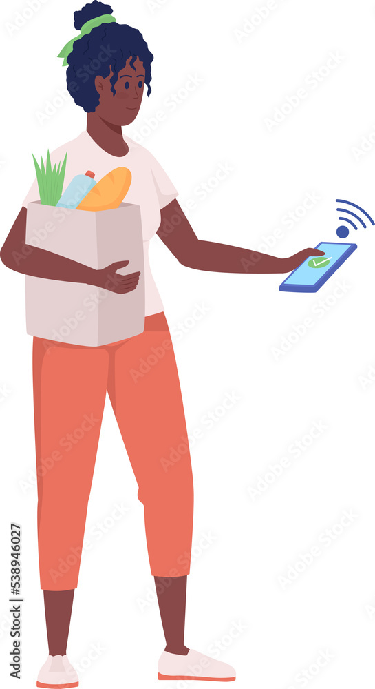 Woman with mobile payment semi flat color raster character. Standing figure. Full body person on white. Cashless payment isolated modern cartoon style illustration for graphic design and animation Woman with mobile payment semi flat color raster character. Standing figure. Full body person on white. Cashless payment isolated modern cartoon style illustration for graphic design and animation