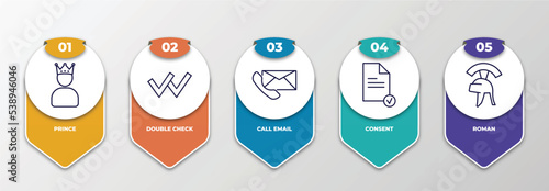 infographic template with outline icons. thin line icons such as prince, double check, call email, consent, roman editable vector. can be used for web, mobile, info graph.