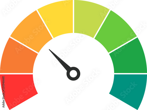 Vector speedometer meter with arrow for dashboard with green, yellow, red indicators. Gauge of tachometer. Low, medium, high and risk levels. Bitcoin fear and greed index cryptocurrency