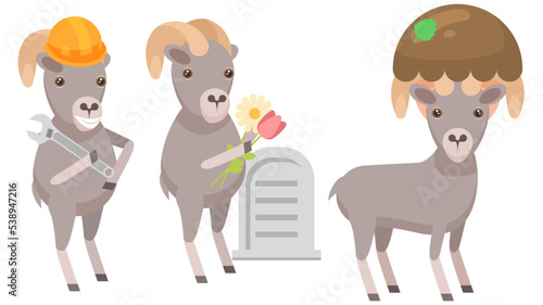 Set Abstract Collection Flat Cartoon Different Animal Arhali Builder With Wrench, With Flowers Near The Grave, In A Mushroom Hat Vector Design Style Elements Fauna Wildlife