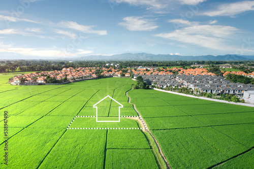 Land or landscape of green field in aerial view. Include agriculture farm, icon of residential, home or house building. Real estate or property for dream concept to build, construction, sale and buy.  © DifferR