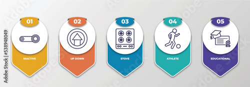 infographic template with outline icons. thin line icons such as inactive, up down, stove, athlete, educational editable vector. can be used for web, mobile, info graph.
