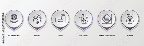 infographic template with outline icons. thin line icons such as professional, credit, enter, free fire, hamburger menu, bitcoin editable vector. can be used for web, mobile, info graph.