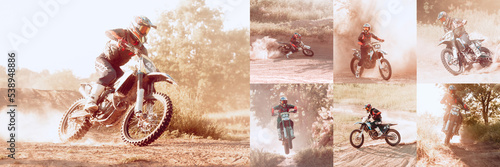 Fototapeta Naklejka Na Ścianę i Meble -  Collage with images of male sportsman training on motorbike at hot summer day, outdoors. Motocross rider in action. Motocross sport
