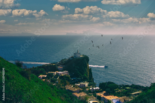 Cape Miseno lighthouse is the headland that marks the northwestern limit of the Gulf of Naples as well as the Bay of Pozzuoli in southern Italy Europe. Fantastic view holidays