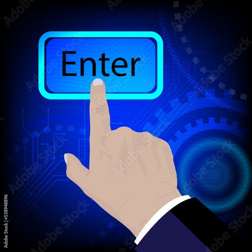 Hand press Enter button touches on screen on dark blue technology background. Innovation technology internet business concept.