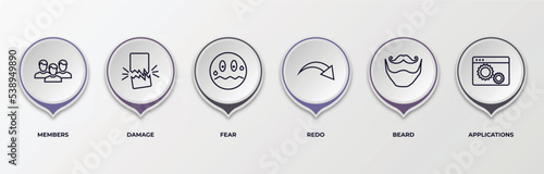 infographic template with outline icons. thin line icons such as members, damage, fear, redo, beard, applications editable vector. can be used for web, mobile, info graph.
