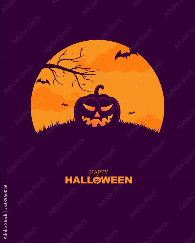 Happy Halloween theme backround with poster halloween group of Jack O Lantern pumpkin, moon halloween elements on orange and purple poster spooky with text and copy space