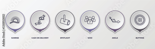 infographic template with outline icons. thin line icons such as sunrise, cash on delivery, spotlight, who, angle, buttons editable vector. can be used for web, mobile, info graph.