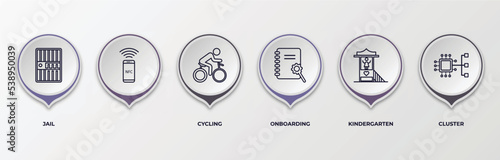 infographic template with outline icons. thin line icons such as jail, , cycling, onboarding, kindergarten, cluster editable vector. can be used for web, mobile, info graph.
