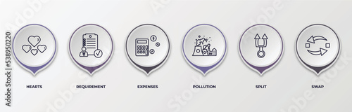 infographic template with outline icons. thin line icons such as hearts, requirement, expenses, pollution, split, swap editable vector. can be used for web, mobile, info graph.
