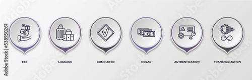 infographic template with outline icons. thin line icons such as fee, luggage, completed, dolar, authentication, transformation editable vector. can be used for web, mobile, info graph.