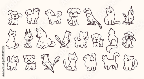 Collection of cute line art pet icons – cat, dog and parrot characters isolated on light background. Vector flat illustration. For shelter emblems, veterinary logo, children decor.