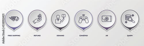 infographic template with outline icons. thin line icons such as free shipping, refund, demand, gamepad, ar, query editable vector. can be used for web, mobile, info graph.