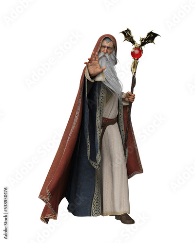 3D rendering of an old wizard in robes and hooded cloak, holding a magical staff isolated on transparent background.
