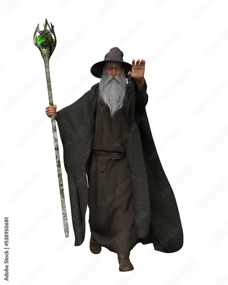 3D illustration of an old bearded wizard wearing grey robes and hat ...