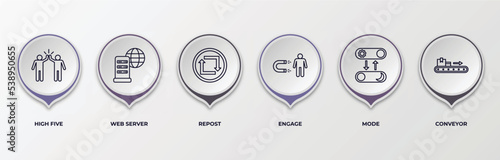 infographic template with outline icons. thin line icons such as high five, web server, repost, engage, mode, conveyor editable vector. can be used for web, mobile, info graph.