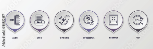 infographic template with outline icons. thin line icons such as align, jpeg, charging, successful, portrait, try editable vector. can be used for web, mobile, info graph.