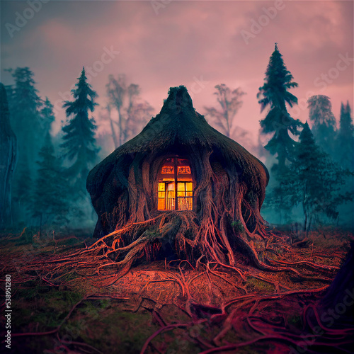 Spooky hut in haunted forest