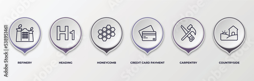 infographic template with outline icons. thin line icons such as refinery, heading, honeycomb, credit card payment, carpentry, countryside editable vector. can be used for web, mobile, info graph.