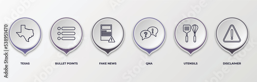 infographic template with outline icons. thin line icons such as texas, bullet points, fake news, qna, utensils, disclaimer editable vector. can be used for web, mobile, info graph.